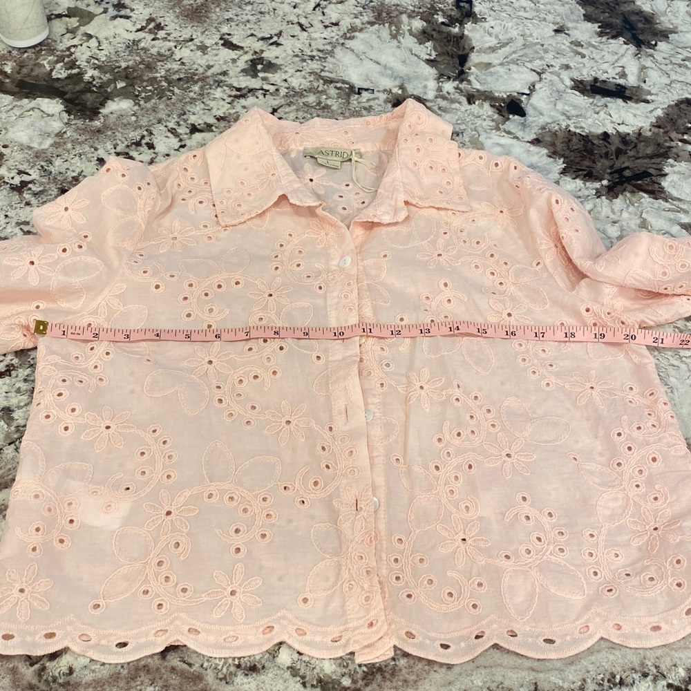Astrid Pink Floral Embroidered Blouse 🌸 Made in Italy Romantic Eyelet Top Size L - Picture 8 of 10